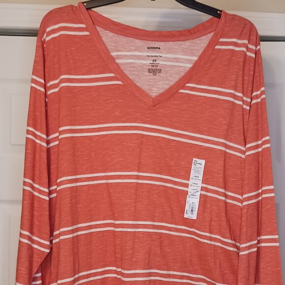 #174 3/$18 - NWT Sonoma Orange/White V Neck Long Sleeve Top Size 2X - Picture 4 of 6